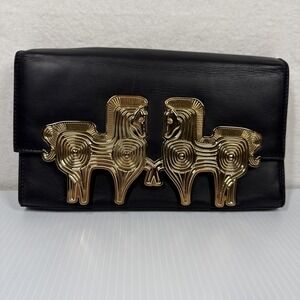 Jonathan Adler Leather Clutch Egyptian Horse Purse Handbag Black/Gold READ